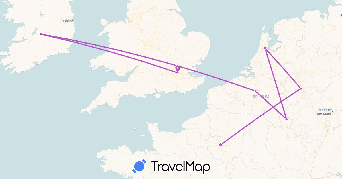 TravelMap itinerary: driving, train in Belgium, Germany, France, United Kingdom, Ireland, Luxembourg, Netherlands (Europe)